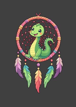Adorable Dinosaur Dreamcatcher Art Print - Premium Wooden Framed Poster. Ready to Hang.