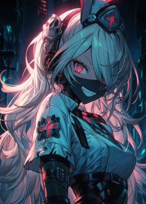 Anime Girl with Red Eyes: Cyberpunk Style Artwork - Premium Wooden Framed Poster. Ready to Hang.