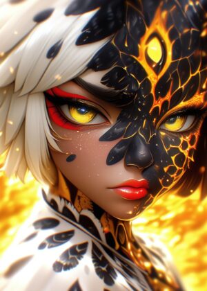 Fiery Anime Girl: A Digital Portrait of Dualities - Premium Wooden Framed Poster. Ready to Hang.