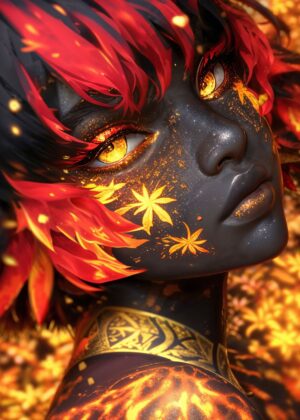 Fire and Gold Woman: Autumnal Fantasy Art Print - Premium Wooden Framed Poster. Ready to Hang.