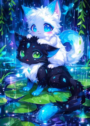 Adorable Kitten Pair Under the Rain - Premium Wooden Framed Poster. Ready to Hang.