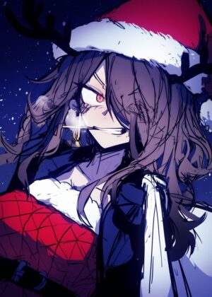 Dark Christmas Anime Girl Art Print - Premium Wooden Framed Poster. Ready to Hang.