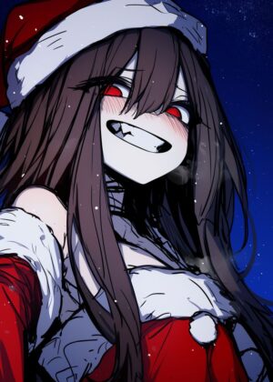 Dark Christmas Anime Girl Art Print - Premium Wooden Framed Poster. Ready to Hang.