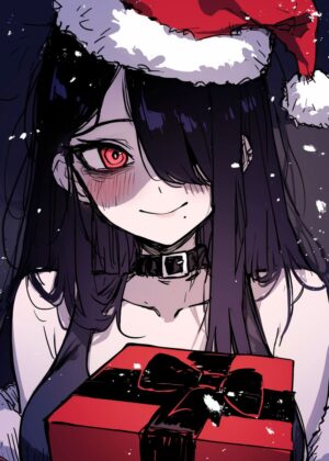 Dark Anime Girl Christmas Artwork - Premium Wooden Framed Poster. Ready to Hang.