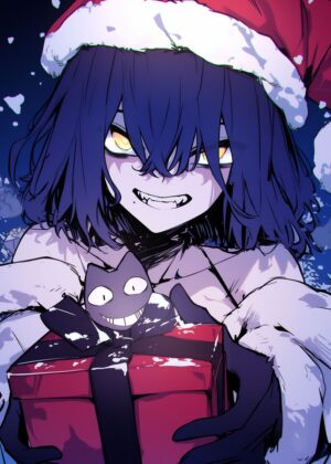 Creepy Cute Christmas Anime Girl Art Print - Premium Wooden Framed Poster. Ready to Hang.