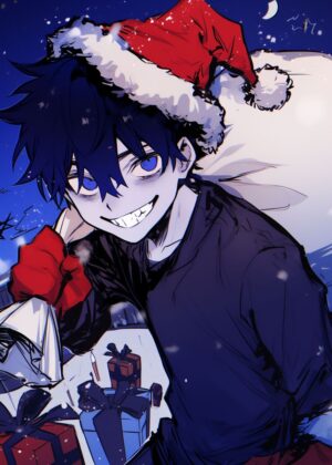 Christmas Anime Boy Art Print - Premium Wooden Framed Poster. Ready to Hang.