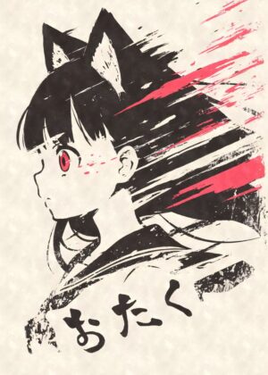 Anime Girl with Cat Ears in School Uniform - Dynamic Ink Art Print - Premium Wooden Framed Poster. Ready to Hang.