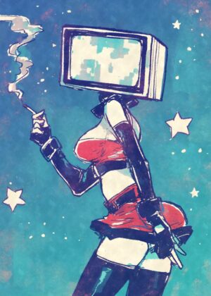 TV Head Girl Smoking Night: Cyberpunk Art Print - Premium Wooden Framed Poster. Ready to Hang.