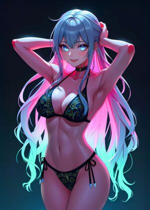 Neon Anime Girl Bikini Artwork - Premium Wooden Framed Poster. Ready to Hang.