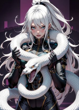 White-Haired Anime Girl with Albino Snake - Premium Wooden Framed Poster. Ready to Hang.