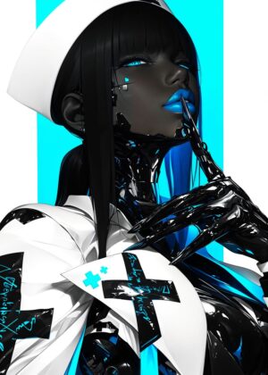 Cyberpunk Nurse: Digital Art Print - Premium Wooden Framed Poster. Ready to Hang.