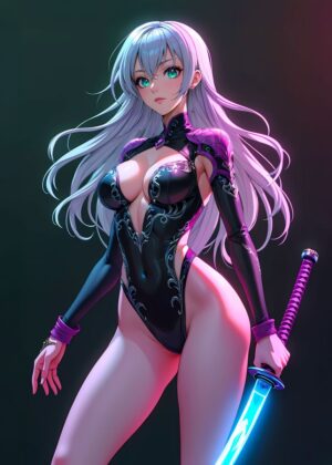 Anime Warrior Woman with Katana - Premium Wooden Framed Poster. Ready to Hang.