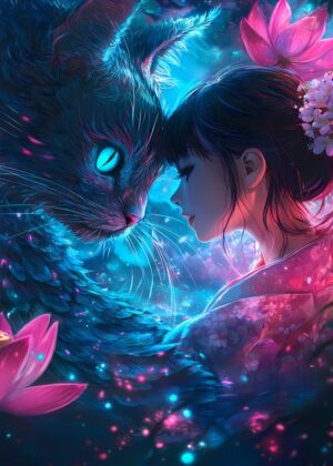 Anime Girl and Mystical Cat Embrace - Premium Wooden Framed Poster. Ready to Hang.