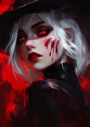 Blood Red Eyes: Anime Girl Art Print - Premium Wooden Framed Poster. Ready to Hang.