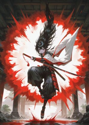 Anime Samurai Girl: Katana Action Art Print - Premium Wooden Framed Poster. Ready to Hang.