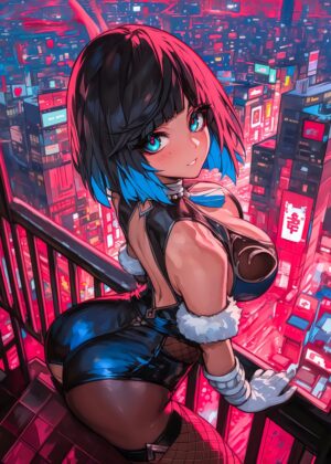 Anime Girl Neon City Nights - Premium Wooden Framed Poster. Ready to Hang.