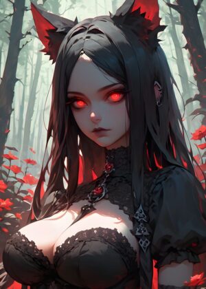 Gothic Anime Girl: Dark Fantasy Art Print - Premium Wooden Framed Poster. Ready to Hang.