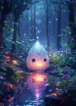 Smiling Raindrop in Enchanted Forest - Premium Wooden Framed Poster. Ready to Hang.