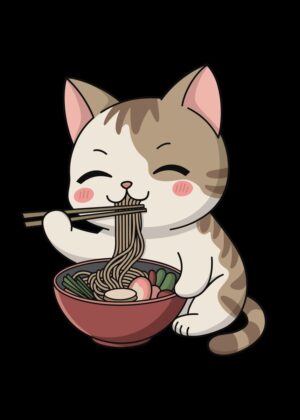 Kawaii Ramen Cat: A Cute Anime Noodle Lover Design - Premium Wooden Framed Poster. Ready to Hang.