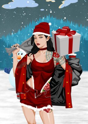 Christmas Girl with Gifts: Festive Art Print - Premium Wooden Framed Poster. Ready to Hang.