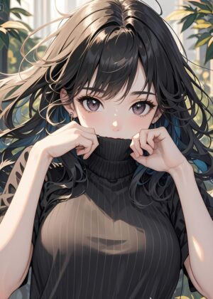 Anime Girl in Black Turtleneck: Elegant and Mysterious - Premium Wooden Framed Poster. Ready to Hang.