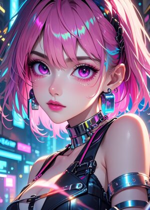 Cyberpunk Anime Girl with Vibrant Pink Hair - Premium Wooden Framed Poster. Ready to Hang.