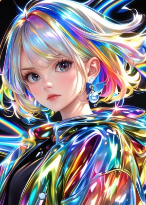 Anime Girl with Rainbow Hair and Iridescent Clothing - Premium Wooden Framed Poster. Ready to Hang.