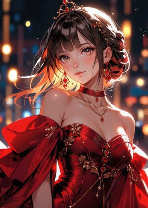 Anime Girl in Red Dress: Elegant Artwork - Premium Wooden Framed Poster. Ready to Hang.