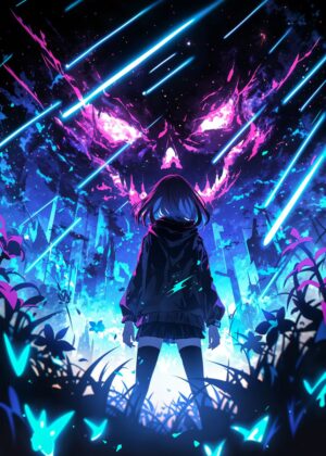 Neon Anime Girl Facing Gigantic Skull in the Night Sky - Premium Wooden Framed Poster. Ready to Hang.