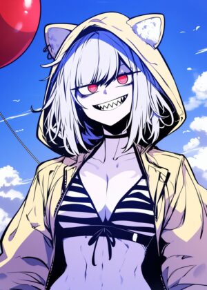 Anime Girl with Red Eyes: Beach Day Delight - Premium Wooden Framed Poster. Ready to Hang.