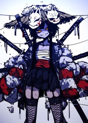 Kitsune Samurai Girl: Anime Art Print - Premium Wooden Framed Poster. Ready to Hang.