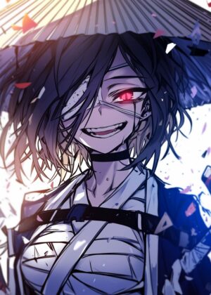 Anime Girl with Red Eye: A Fierce and Intriguing Digital Artwork - Premium Wooden Framed Poster. Ready to Hang.