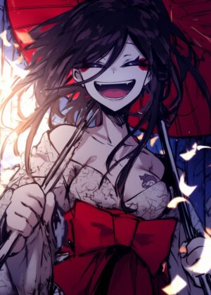 Smiling Anime Girl with Red Bow and Umbrella - Premium Wooden Framed Poster. Ready to Hang.