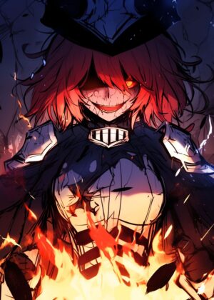 Fiery Anime Warrior: A Digital Art Print - Premium Wooden Framed Poster. Ready to Hang.