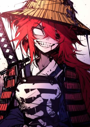Crimson Ronin: Fierce Red-Haired Samurai Girl Art Print - Premium Wooden Framed Poster. Ready to Hang.