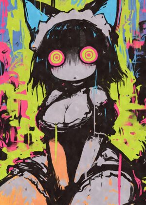 Street Art Anime Girl: Vibrant Graffiti Style - Premium Wooden Framed Poster. Ready to Hang.