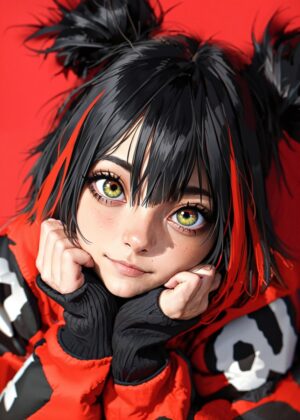 Anime Girl in Red Hoodie: Vibrant Digital Art Print - Premium Wooden Framed Poster. Ready to Hang.