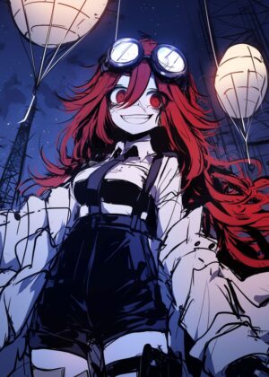 Red-Haired Anime Girl with Goggles: Dark Fantasy Art Print - Premium Wooden Framed Poster. Ready to Hang.