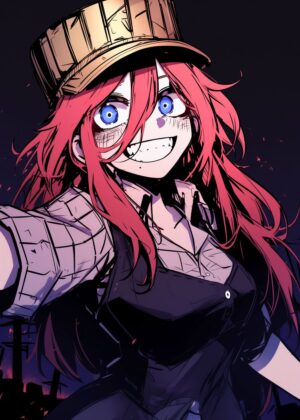Anime Girl with Fiery Red Hair and Striking Blue Eyes - Premium Wooden Framed Poster. Ready to Hang.