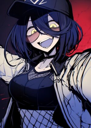Smiling Anime Girl with Fangs - Premium Wooden Framed Poster. Ready to Hang.