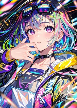 Vibrant Anime Girl with Rainbow Hair - Premium Wooden Framed Poster. Ready to Hang.