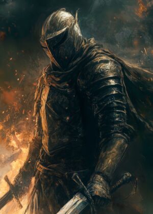 Dark Knight in Flames: A Masterpiece of Fantasy Art - Premium Wooden Framed Poster. Ready to Hang.