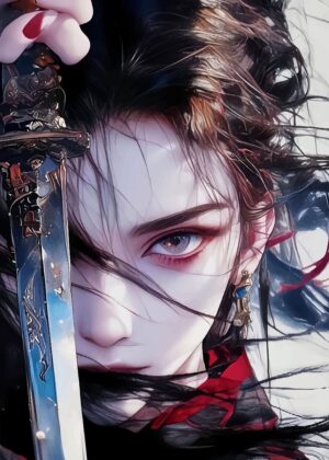 Anime Warrior Girl with Sword: Digital Art Print - Premium Wooden Framed Poster. Ready to Hang.