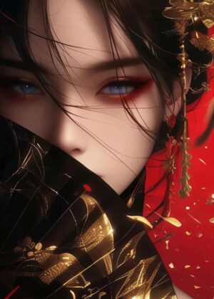 Anime Girl with Golden Ornament: A Stunning Piece of Digital Art - Premium Wooden Framed Poster. Ready to Hang.