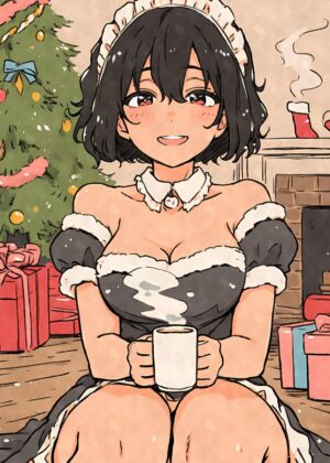 Anime Maid Christmas Hot Chocolate Art Print - Premium Wooden Framed Poster. Ready to Hang.