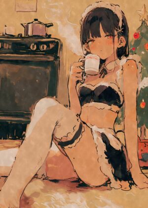 Anime Maid Enjoying a Warm Drink by the Stove - Premium Wooden Framed Poster. Ready to Hang.