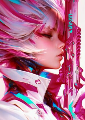 Cyberpunk Angel Girl: Digital Art Print - Premium Wooden Framed Poster. Ready to Hang.
