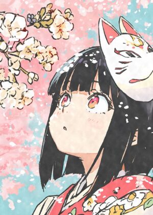 Anime Girl in Cherry Blossom Snow with Kitsune Mask - Premium Wooden Framed Poster. Ready to Hang.
