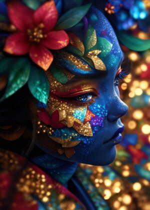 Cosmic Bloom: Blue Skin, Gold Glitter Fantasy Art - Premium Wooden Framed Poster. Ready to Hang.
