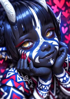 Demon Girl Portrait: Mystical Beauty in Vibrant Hues - Premium Wooden Framed Poster. Ready to Hang.